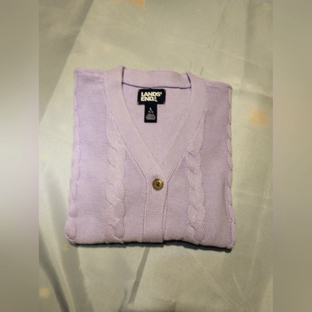 Lands End Kids button front cable cardigan, large (10-12) lavender cloud - Picture 6 of 7